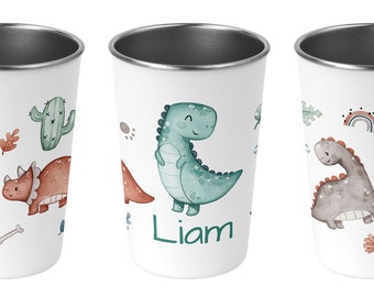 Trinkbecher für Kinder - Personalisierte Edelstahl Becher - Wunschname - 72 Designs - 400ml - 64.Dinos, Jungs, Mädchen, Dinosaurier, Uhrzeit