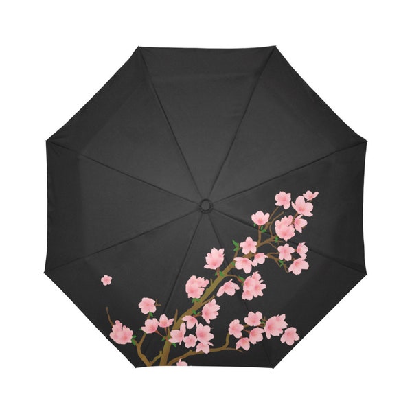 Black Umbrella with Sakura Flowers, Anti-UV Umbrella, Rain Umbrella, Japanese Sakura Black Anti-UV Umbrella