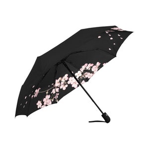 Anti-UV Sun Automatic and Manual Umbrella | Rain Black Umbrella with Sakura Cherry Blossom