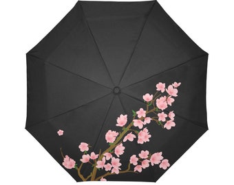 Black Umbrella with Sakura Flowers, Anti-UV Umbrella, Rain Umbrella, Japanese Sakura Black Anti-UV Umbrella