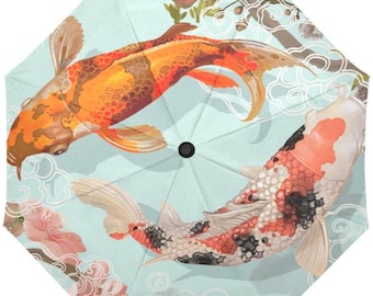 Anti-UV Automatic and Manual Umbrellas with Beautiful Japanese Koi Fishes in Pond in Japanese Style