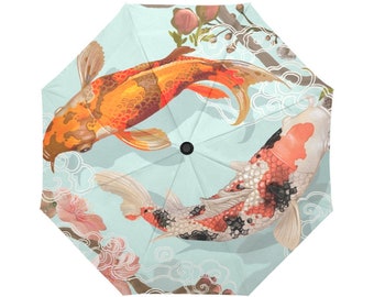 Anti-UV Automatic and Manual Umbrellas with Beautiful Japanese Koi Fishes in Pond in Japanese Style