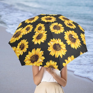 Rain and Anti-UV Sun Black Umbrella with Sunflower, Japanese Style, Summer Floral Umbrella, UV Protection