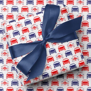 Mini papier cadeau carrelé pour voiture rétro - Imprimé bleu et blanc sur le thème Union Jack, emballage cadeau imprimé, papier cadeau de qualité