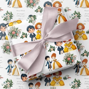 May include: White wrapping paper featuring a repeating pattern of cartoon figures in period dress, floral bouquets, and text. A wrapped gift with a pink ribbon is in the center. The text reads "Dearest Brother, A most joyous Birthday to you! Warmly, Lady Whistledown."