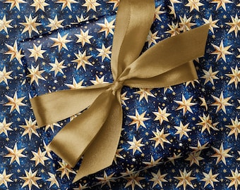 Papier cadeau bleu marine et étoiles dorées | Emballage cadeau festif de luxe solide
