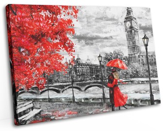 Romantic Couple In London Art Canvas / Couple River Thames Big Ben, Red Dress Umbrella Scene Print, Pastel Red Oil Paint Effect Canvas