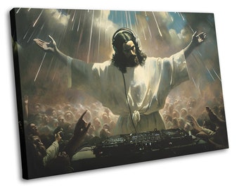 Heavenly 'Jesus is a DJ' Canvas Print | Jesus In Heaven With Headphones & Decks DJing To Crowd | Music DJ Room Wall Art Renaissance Prints