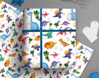 Luxury Printed Childrens Dinosaur Gift Wrap / Kids Fun Dinosaur Pattern Gift Wrapping Paper / Playful Boys Girls Birthday Premium Gift Wrap
