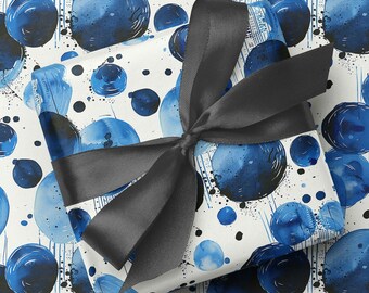 Cool Blue &quot;Polka Splats&quot; Print Wrapping Paper | Luxurious Masculine Blue And White Printed Gift Wrap | for Dad, Father&#39;s Day, Any Occasion