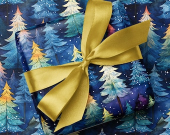 Midnight Christmas Tree Snowfall Wrapping Paper - Watercolour Fur Tree Print Gift Wrap - Luxury Navy & Green Xmas Woodland Forrest Gift Wrap