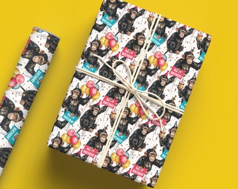 Birthday 'Monkey Party' Wrapping Paper | Chimp Celebrations Balloons, Happy Birthday Gift Wrap | Funny Monkey Birthday Print Gift Wrap