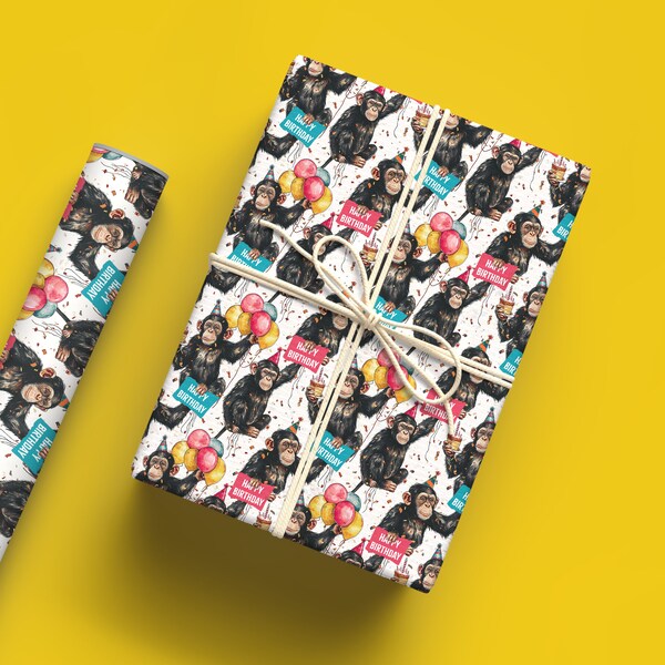 Birthday 'Monkey Party' Wrapping Paper | Chimp Celebrations Balloons, Happy Birthday Gift Wrap | Funny Monkey Birthday Print Gift Wrap