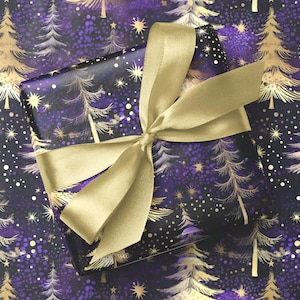 Paarse en gouden kerstboom sneeuwval inpakpapier - aquarel bont bomen winter cadeaupapier - luxe kerstmis feestelijke vakantie cadeaupapier