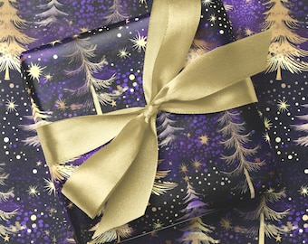 Purple & Gold Christmas Tree Snowfall Wrapping Paper - Watercolour Fur Trees Winter Gift Wrap - Luxury Xmas Festive Holiday Gift Wrap