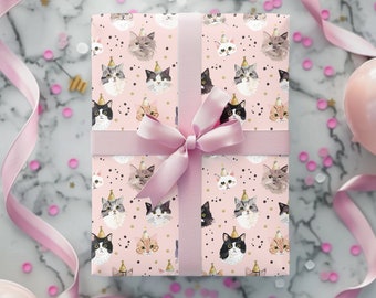 Hand Drawn 'Cat Celebrations' Wrapping Paper - Cats Wearing Party Hats Printed Gift Wrap - Pastel Pink Cat Paper, Cat Themed Gifts Giving