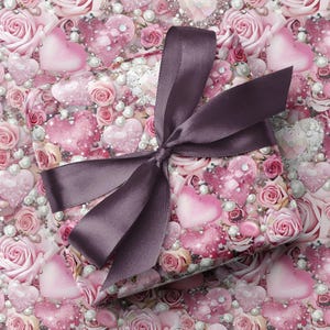 Papel de regalo con estampado de corazones, perlas, diamantes y rosas rosas / Papel de regalo femenino, hermoso y lujoso / Ideas lindas para regalos de cumpleaños y San Valentín