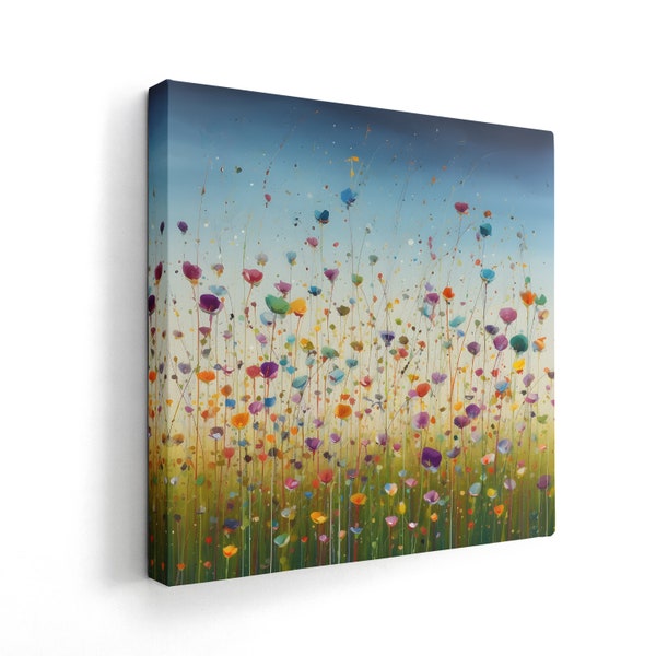 Abstract Tall Flower Meadow Canvas Print | Vibrant Country Style Art | Paint Splatter Floral Art | Rustic Countryside Decor