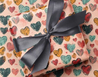 Valentines Heart Print Gift Wrap | Hand-Sketched, Colourful Hearts Wrapping Paper