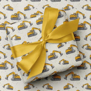 Hand-Drawn Diggers Excavator Wrapping Paper | Yellow Diggers Print Beige Gift Wrap | Premium Children's Boys Birthday, Any Occasion