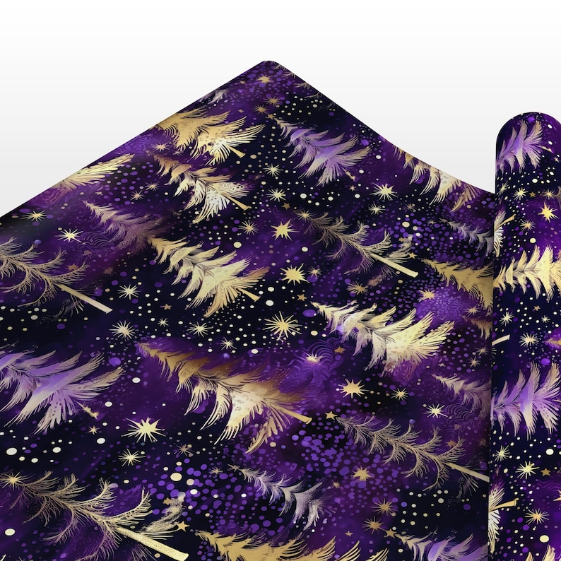Luxury Purple & Gold Christmas Fur Trees Wrapping Paper - Festive Winter Snowfall Special Gift Wrap image 4