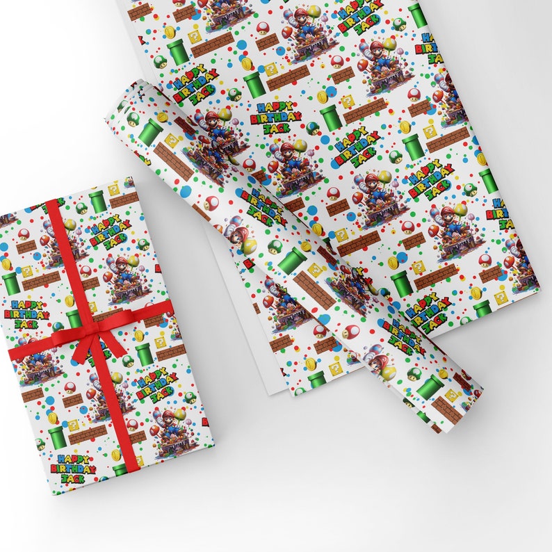 Personalised Super Mario Wrapping Paper Colourful Happy Birthday Gaming Gift Wrap Custom Name Premium Quality Printed Gift Wrap image 4