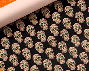 Papier cadeau luxe noir Candy Skull - Papier cadeau crânes de sucre mexicains à imprimé gothique - Papier cadeau luxe premium foncé tête de mort