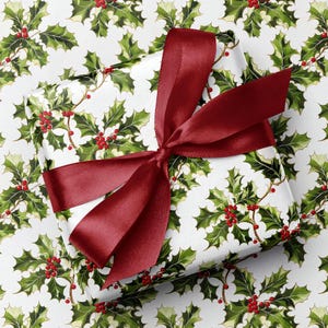 Carta da regalo "Holly Jolly Christmas" / Carta da regalo natalizia con foglie e bacche di agrifoglio / Carta da regalo festiva bianca e verde