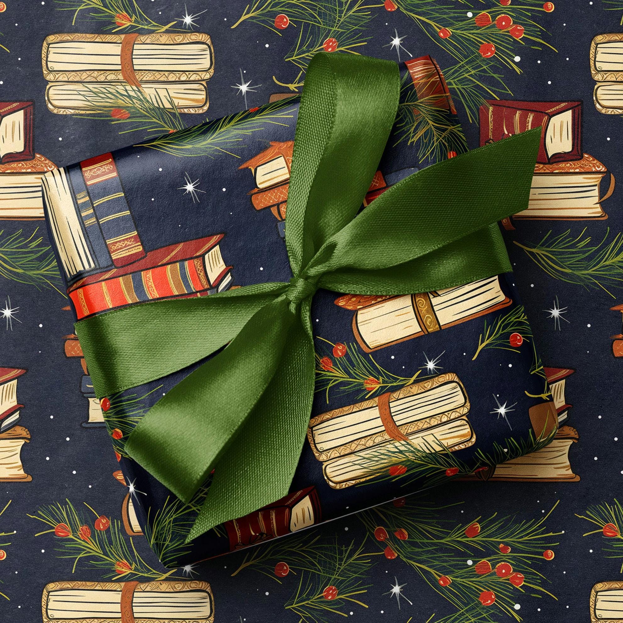 Literary Christmas Books Luxury Wrapping Paper - Hand Drawn Books and Ribbons Gift Wrap - Traditional Festive Style Book Lover Readers Gifts