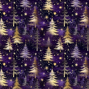 May include: A seamless pattern featuring gold and silver stylized Christmas trees on a dark purple background with a scattering of gold stars.