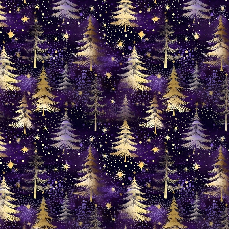 May include: A seamless pattern featuring gold and silver stylized Christmas trees on a dark purple background with a scattering of gold stars.