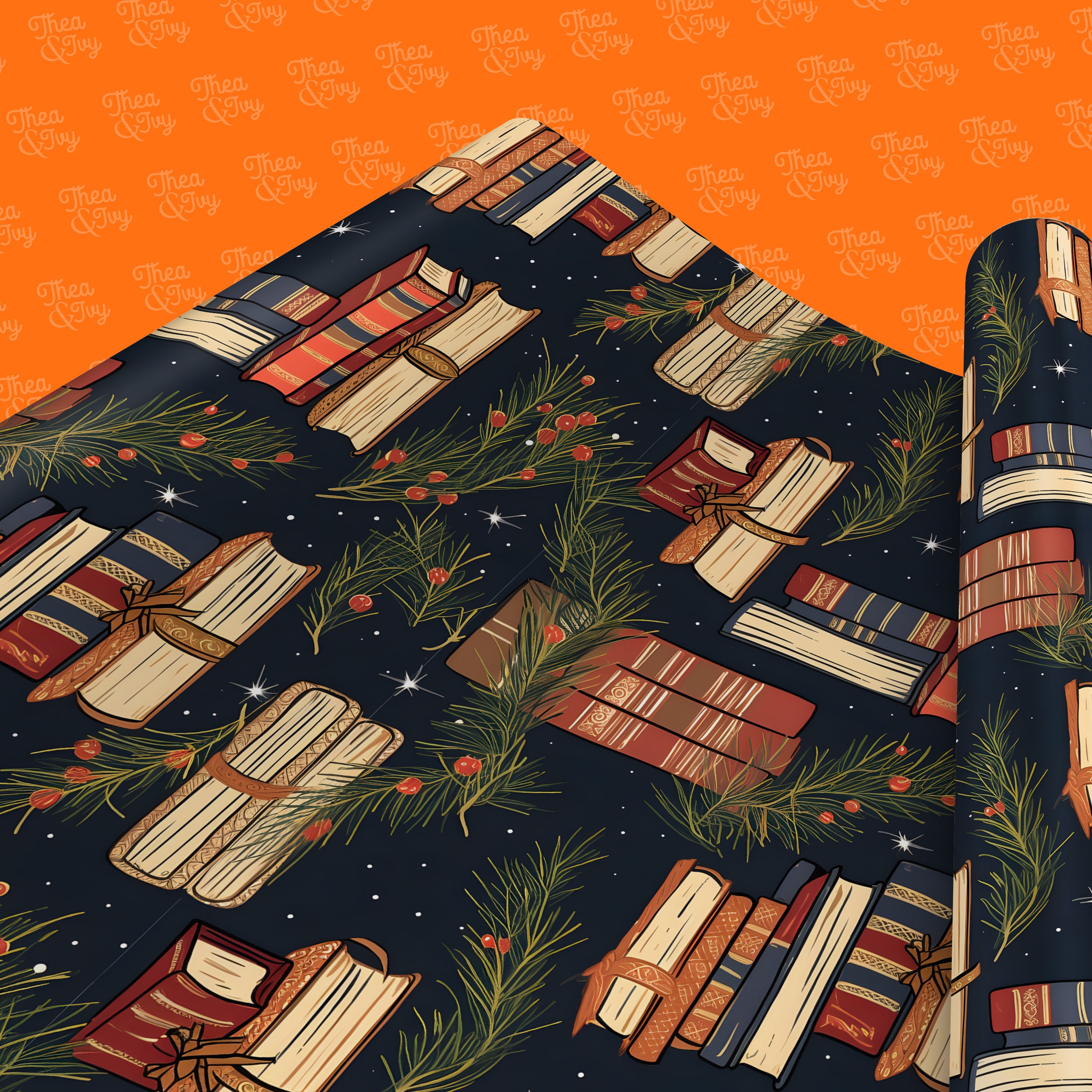 Literary Christmas Books Luxury Wrapping Paper - Hand Drawn Books and Ribbons Gift Wrap - Traditional Festive Style Book Lover Readers Gifts