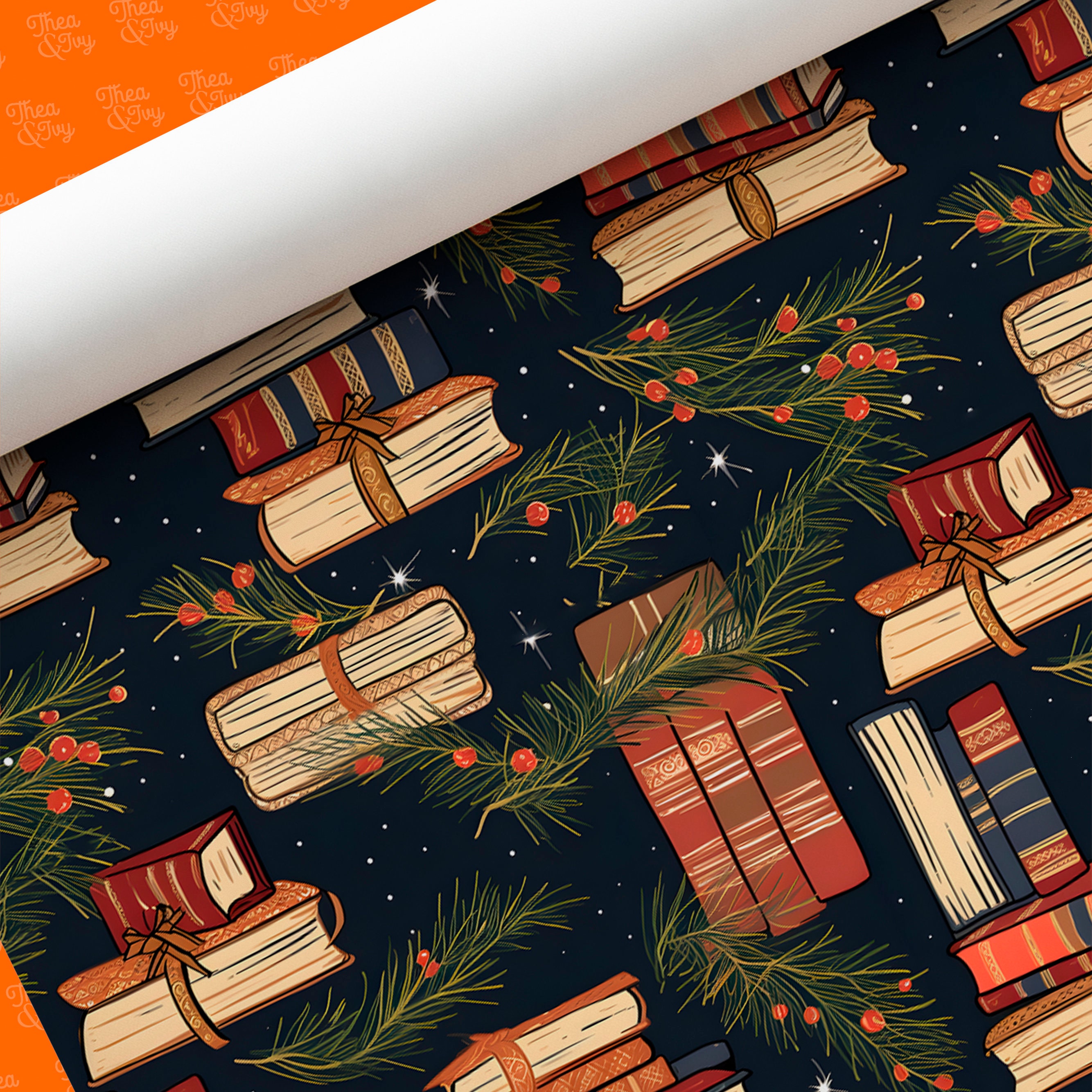 Literary Christmas Books Luxury Wrapping Paper - Hand Drawn Books and Ribbons Gift Wrap - Traditional Festive Style Book Lover Readers Gifts
