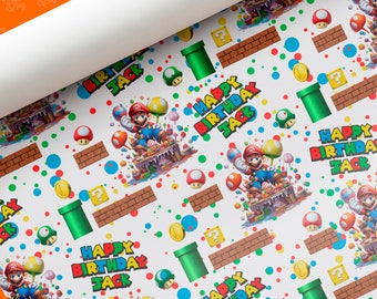 Personalisiertes Super Mario Geschenkpapier | Buntes Happy Birthday Gaming-Geschenkpapier mit individuellem Namen | Hochwertiges, bedrucktes Geschenkpapier