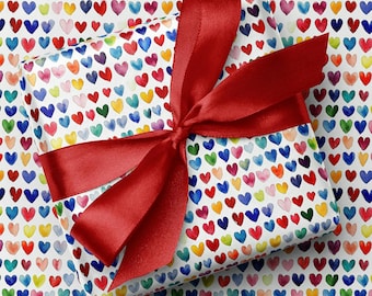 Rainbow Hearts Wrapping Paper | Watercolor Mini Hearts, Eco-Friendly