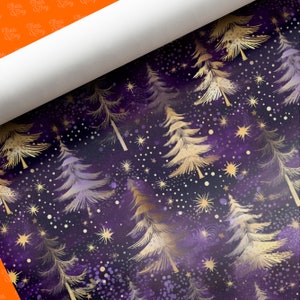 May include: Purple and gold wrapping paper with a repeating pattern of stylized pine trees and stars. The trees are gold with a purple watercolor wash. The stars are gold with a white center.