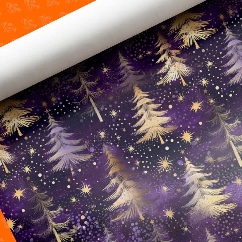 May include: Purple and gold wrapping paper with a repeating pattern of stylized pine trees and stars. The trees are gold with a purple watercolor wash. The stars are gold with a white center.