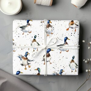 Papel de envolver blanco 'Magnificent Mallards' / Patos juguetones envoltura de regalo gruesa / Envoltura de regalo con estampado de pato de acuarela premium de lujo, cualquier ocasión