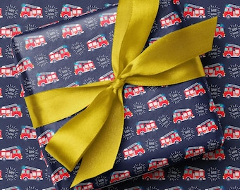 Fire Engine Wrapping Paper | Navy Kids Birthday Gift Wrap