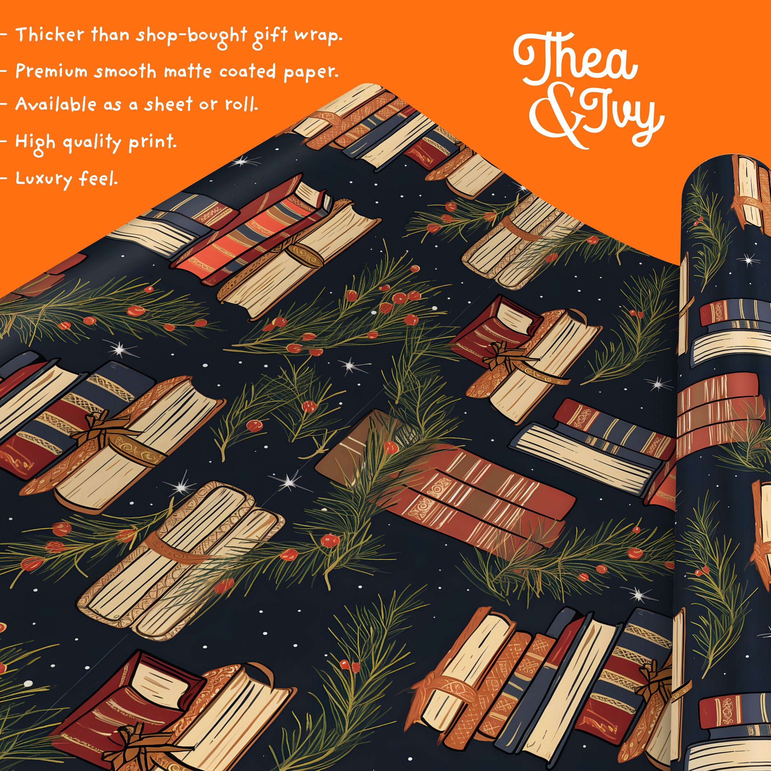Literary Christmas Books Luxury Wrapping Paper - Hand Drawn Books and Ribbons Gift Wrap - Traditional Festive Style Book Lover Readers Gifts