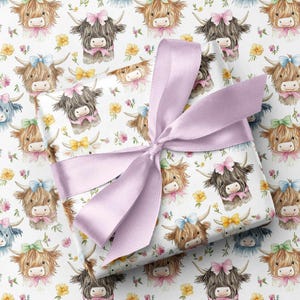 'Springtime Highland Cows' Geschenkpapier - Aquarell Blumen Kühe mit Schleifen - Luxus Geburtstag Jeden Anlass Frühling Ostern Geschenkverpackung