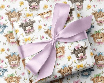 Watercolour Highland Cow Wrapping Paper – Floral Birthday Gift Wrap