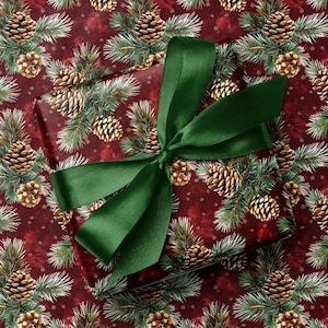 Carta da regalo natalizia con pigne festive - Carta da regalo naturale di lusso per il Ringraziamento - Stampa natalizia rossa e verde, carta da regalo elegante