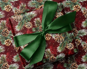 Luxury Pine Cone Christmas Wrapping Paper – Festive Red & Green Strong Gift Wrap