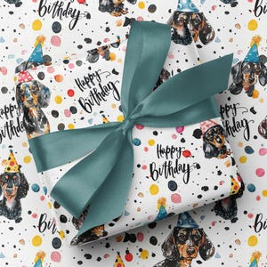 Geschenkpapier zum Geburtstag 'Dotty Dachshunds' - Happy Birthday Hunde gedruckt Geschenkverpackung - Dackel Party Geschenke, Hund, Doggy Thema Geschenk geben