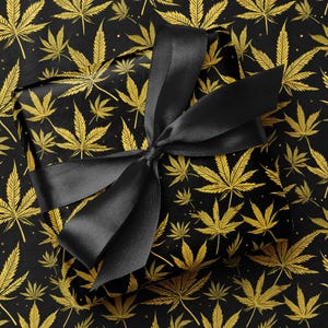 Weed Plant Motif Cush Wrapping Paper | Black & Gold Cannabis Leaf Symbol Icon Gift Wrapping Paper | Custom Printed Stoner Pot Head Gift Wrap