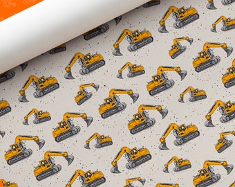 Hand-Drawn Diggers Excavator Wrapping Paper | Yellow Diggers Print Beige Gift Wrap | Premium Children's Boys Birthday, Any Occasion