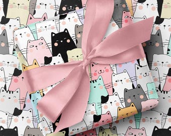 Cartoon Cats Print Wrapping Paper | Kawaii Anime Gift Wrap