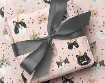 Cat Celebrations Wrapping Paper – Party Hats, Pastel Pink Gift Wrap