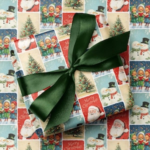 Carta da regalo natalizia con disegni vintage / Carta da regalo con francobolli disegnati a mano classici, retrò, anni '80 e festivi / Carta da regalo beige, rossa e verde